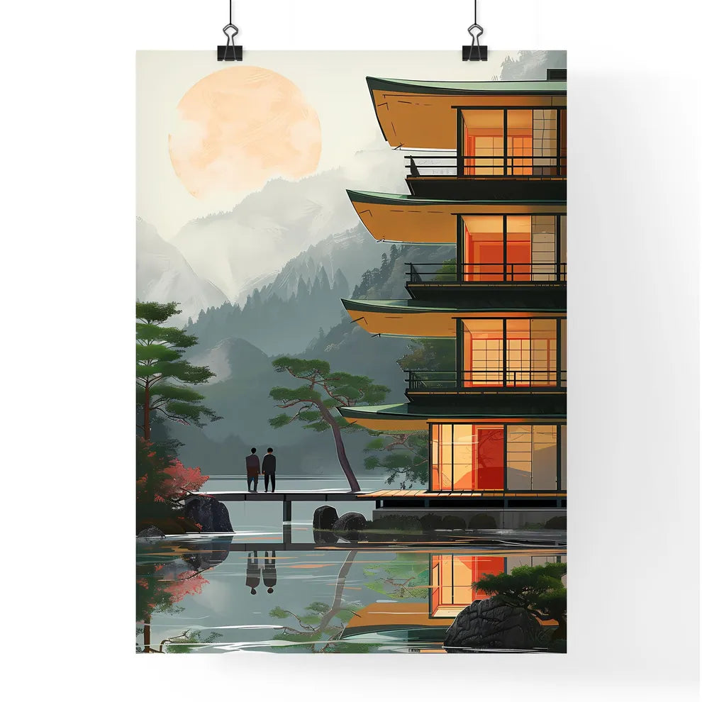 Vibrant Bauhaus Building Poster with Human Figures on Water Bridge Poster