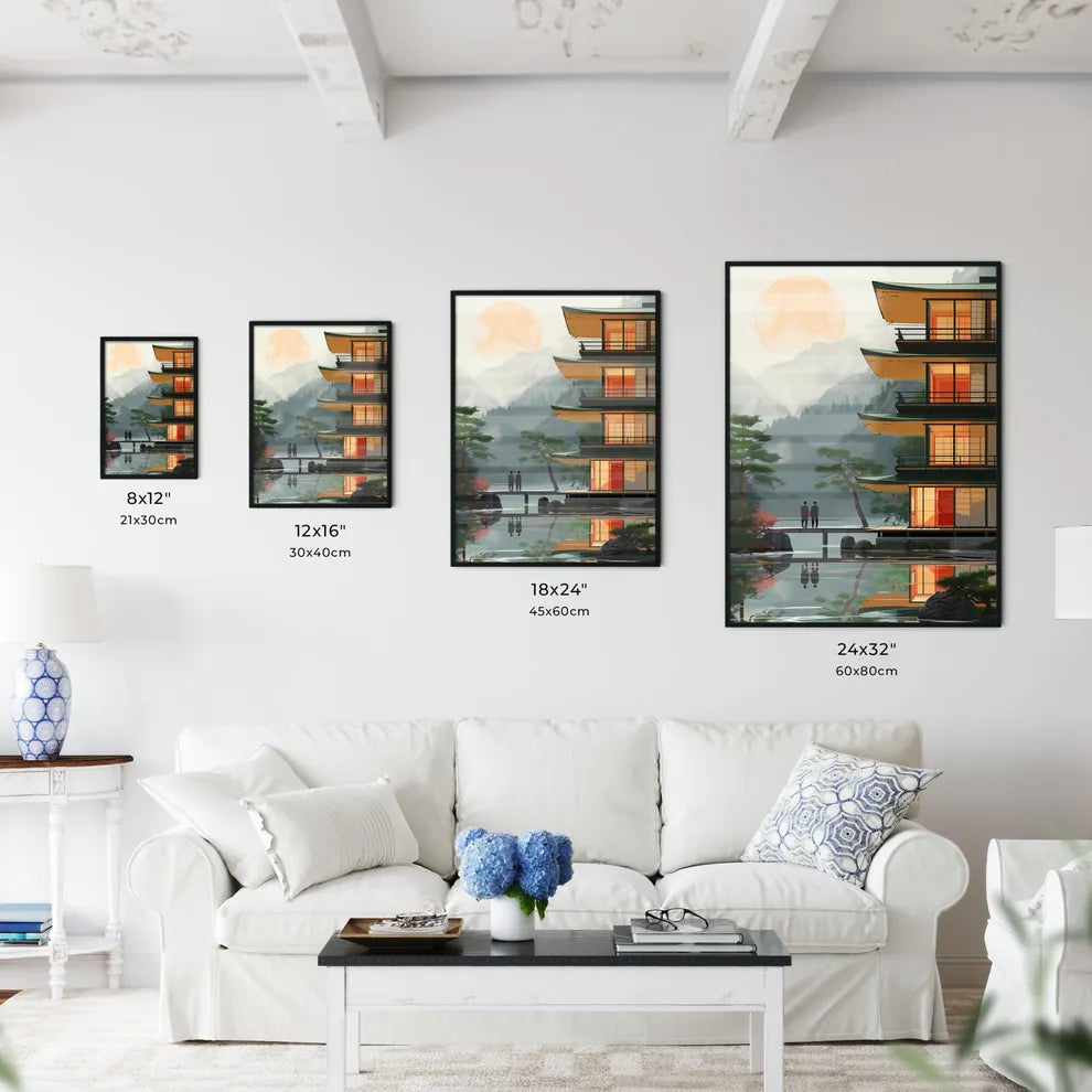 Vibrant Bauhaus Building Poster with Human Figures on Water Bridge Size Chart