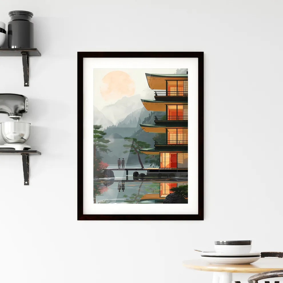 Vibrant Bauhaus Building Poster with Human Figures on Water Bridge Custom Print