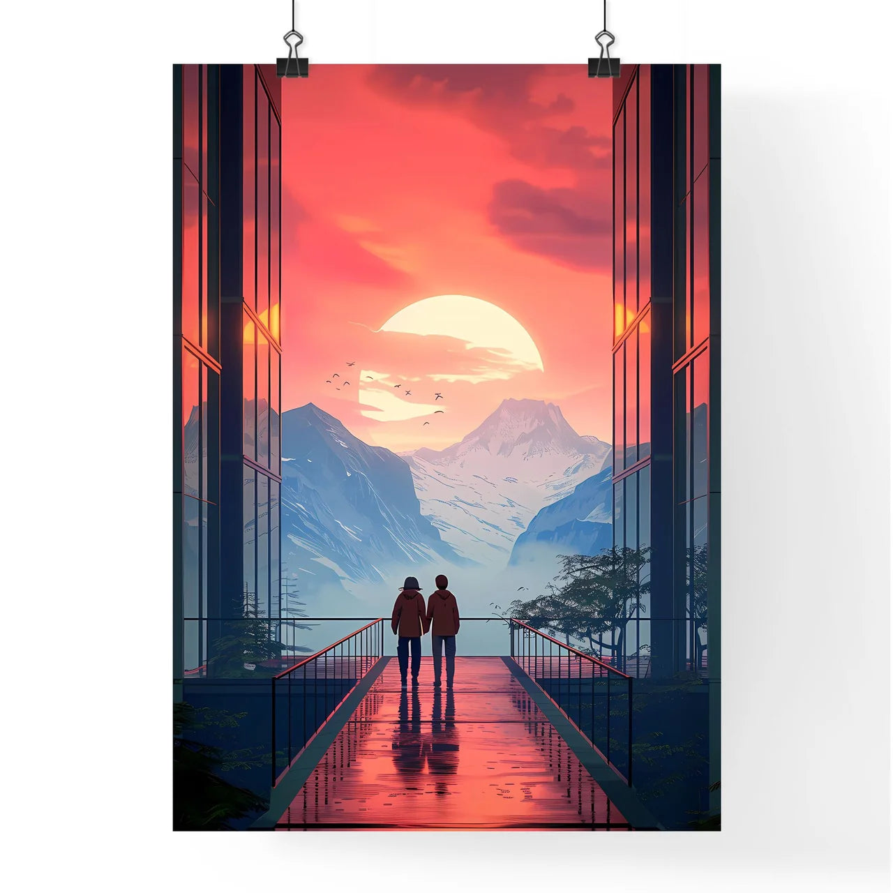 Vibrant Japanese Bauhaus Painting: Mountain View from Elevated Walkway with Human Figures Poster