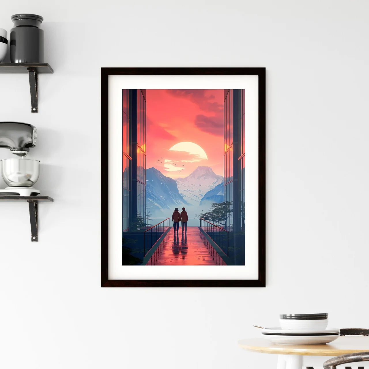 Vibrant Japanese Bauhaus Painting: Mountain View from Elevated Walkway with Human Figures Custom Print