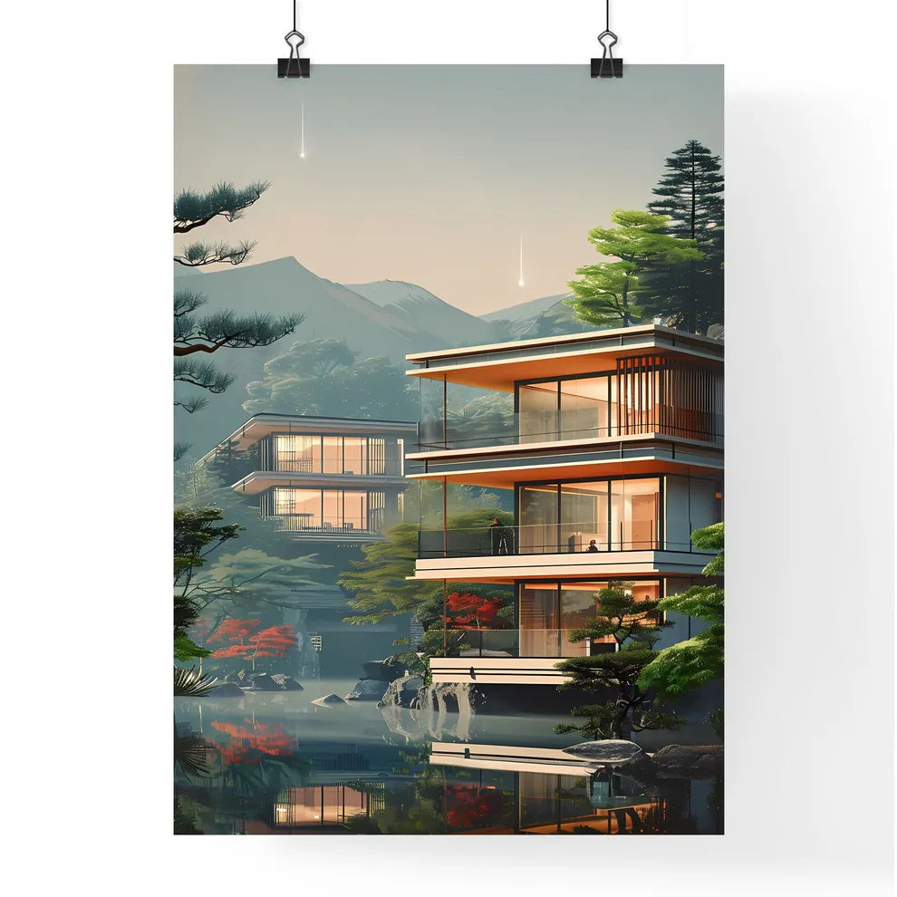Japanese Bauhaus Building Exhibition Poster, Digital Art, Modernism, Architecture, Nature, Detailed Painting Poster
