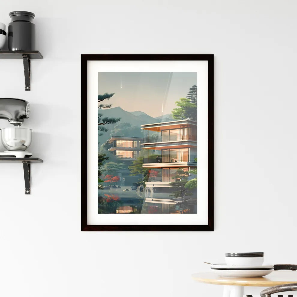 Japanese Bauhaus Building Exhibition Poster, Digital Art, Modernism, Architecture, Nature, Detailed Painting Custom Print