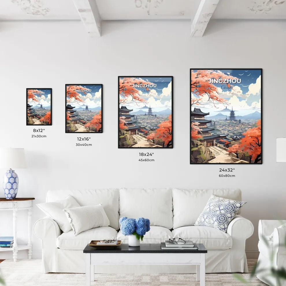 Vibrant Painting of Jingzhou China Skyline Featuring Pagoda and Mountains Default Title