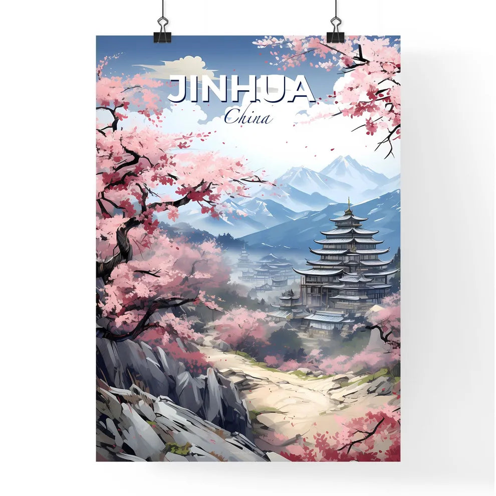 Panoramic landscape painting of Jinhua skyline showcasing pagoda mountains and blooming pink blossoms in an artistic style Default Title