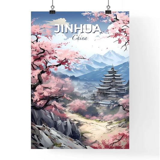 Panoramic landscape painting of Jinhua skyline showcasing pagoda mountains and blooming pink blossoms in an artistic style Default Title