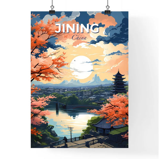 Cityscape Painting of Jining China Skyline with River and Bridge, Focus on Artwork Default Title