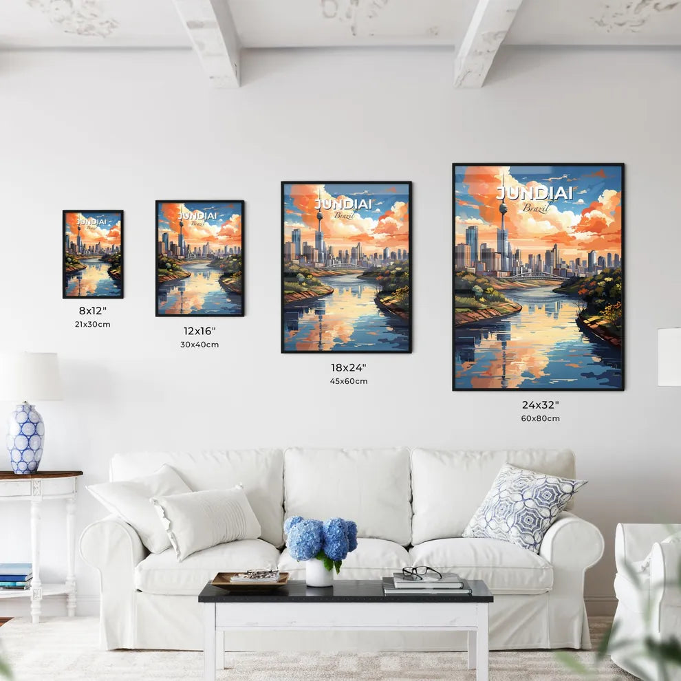 Colorful Artistic Painting of Jundiai Brazil City Skyline featuring River and Trees Default Title