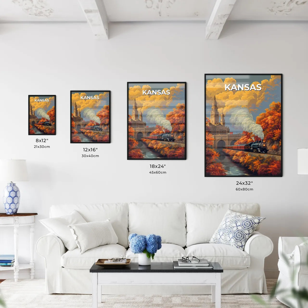 Vibrant Art of a Kansas Train Journey through Orange Groves Size Chart