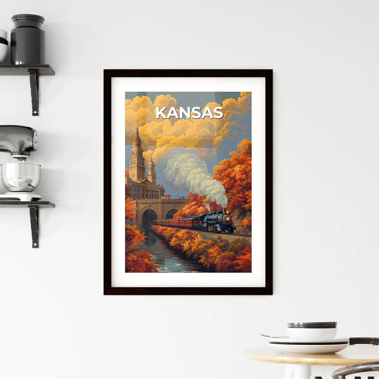 Vibrant Art of a Kansas Train Journey through Orange Groves Custom Print