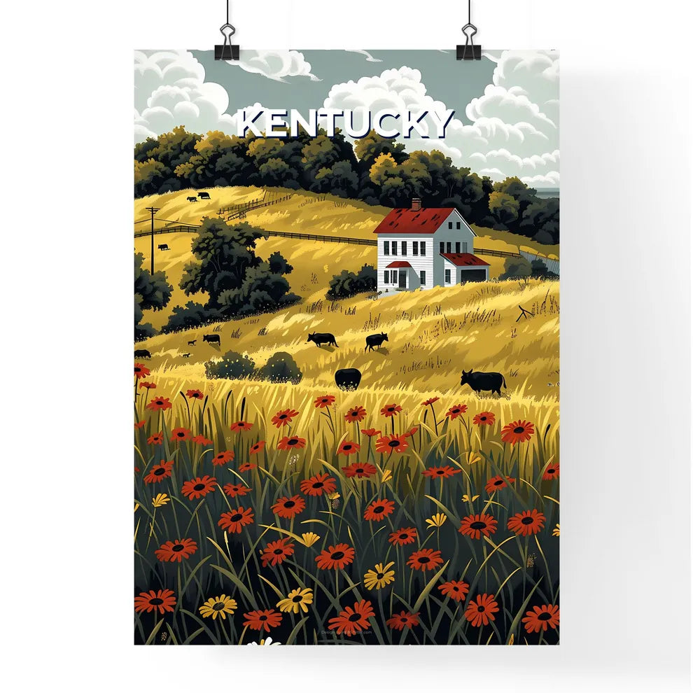 Vibrant Painting: Farm Landscape with Cows in Kentucky Fields Poster