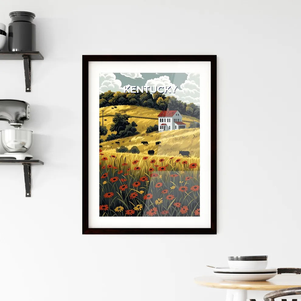 Vibrant Painting: Farm Landscape with Cows in Kentucky Fields Framed Print