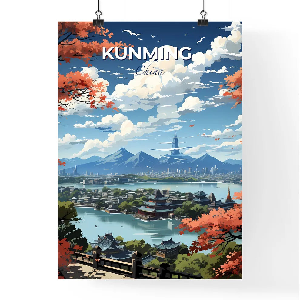 Panoramic Colorful Kunming Skyline, China - Vibrant River City Artwork with Mountains, Trees Default Title