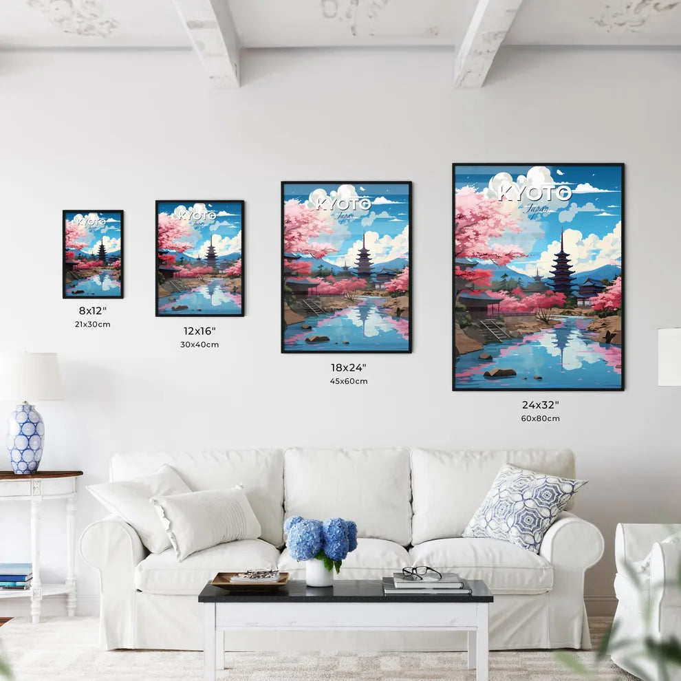 Vibrant Artistic Kyoto Skyline: Picturesque Riverbank with Blossoming Pink Trees and Architectural Landmarks Default Title