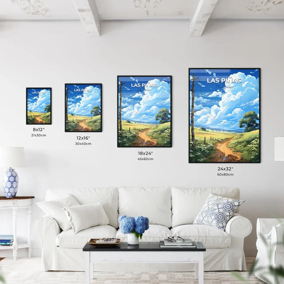 Mesmerizing Artistic Skyline Painting of Las Pinas, Philippines: Serene Dirt Road Through Verdant Fields Under Azure Skies Default Title