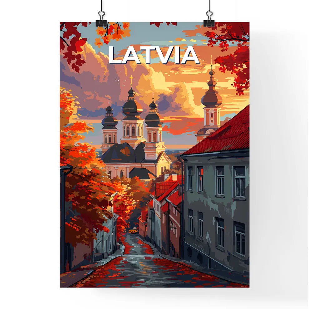 Vibrant Painting of a European Street Scene: Latvia, Europe, Buildings, Trees, Art, City Poster