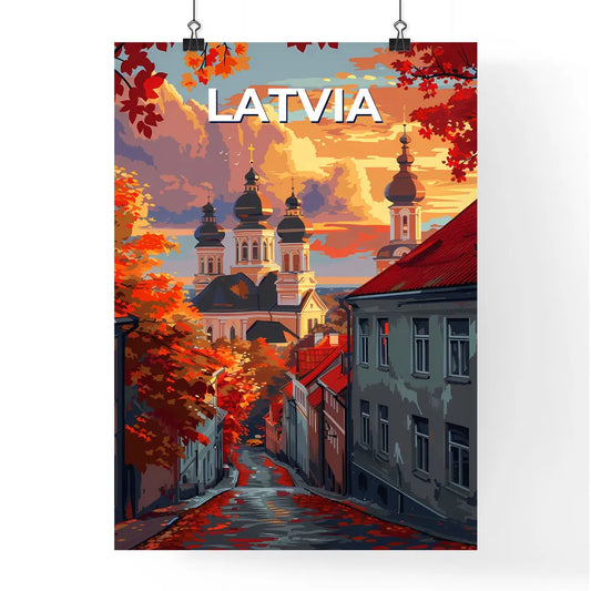 Vibrant Painting of a European Street Scene: Latvia, Europe, Buildings, Trees, Art, City Poster