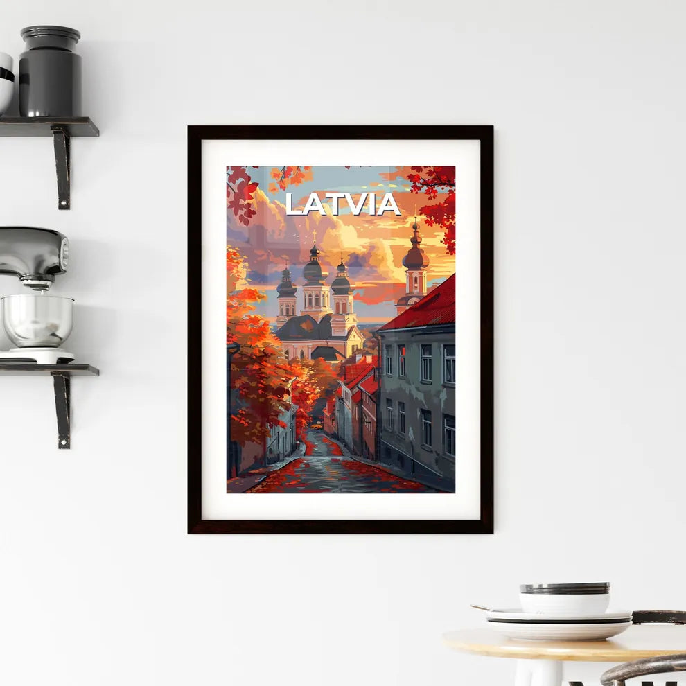 Vibrant Painting of a European Street Scene: Latvia, Europe, Buildings, Trees, Art, City Custom Print
