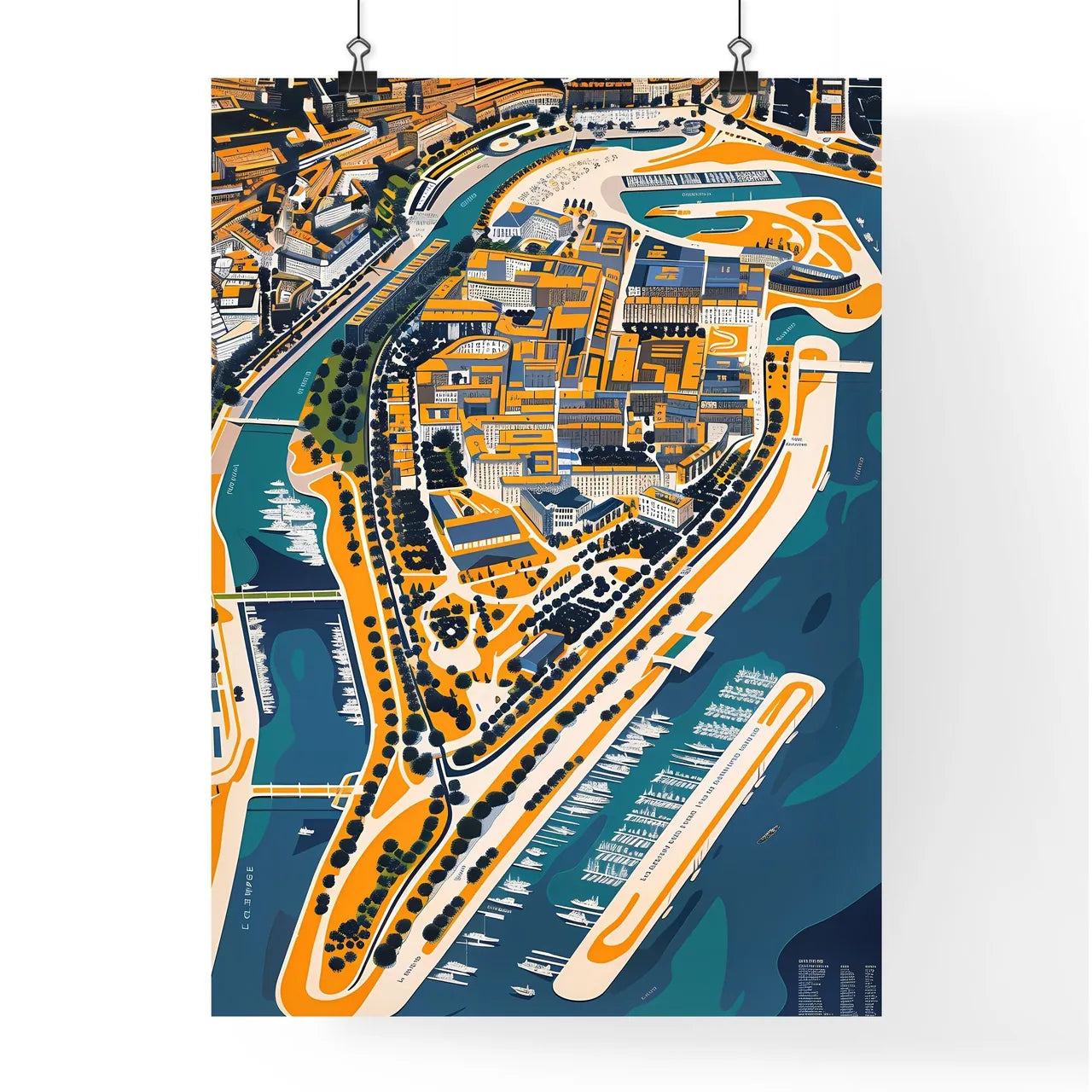 Colorful aerial cityscape painting depicting vibrant buildings and urban sprawl Poster