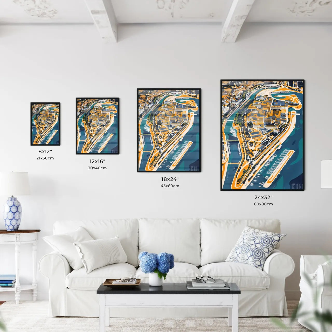 Colorful aerial cityscape painting depicting vibrant buildings and urban sprawl Size Chart