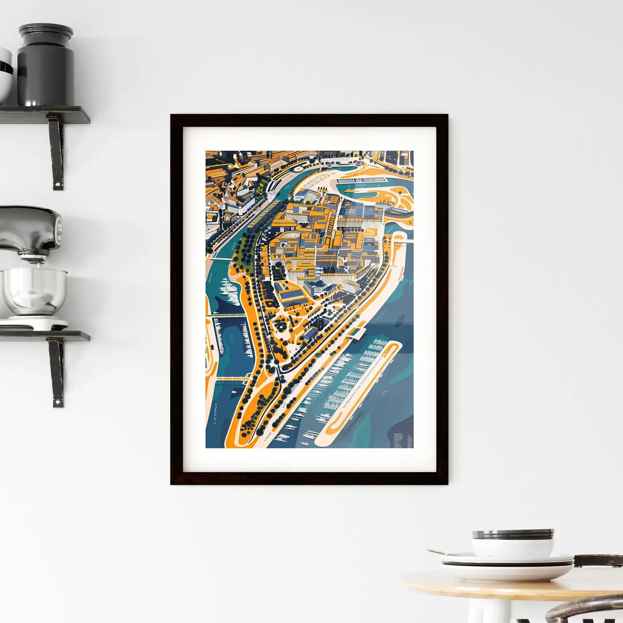 Colorful aerial cityscape painting depicting vibrant buildings and urban sprawl Custom Print