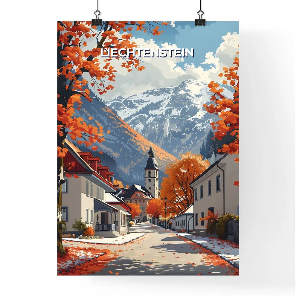 Liechtenstein, Europe - Vibrant Street View with Orange Trees and Panoramic Mountain Scenery (Art Focus) Poster
