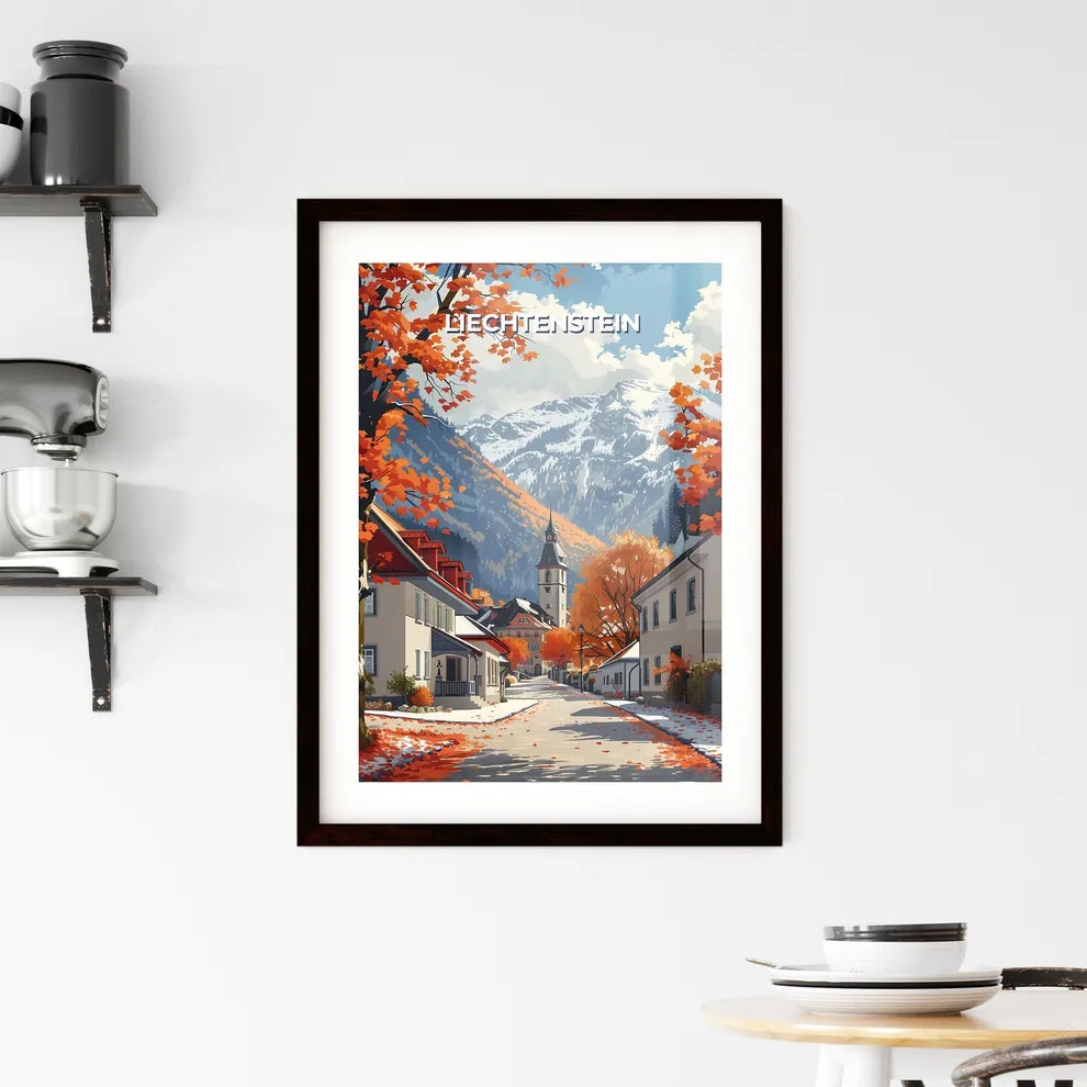 Liechtenstein, Europe - Vibrant Street View with Orange Trees and Panoramic Mountain Scenery (Art Focus) Custom Print