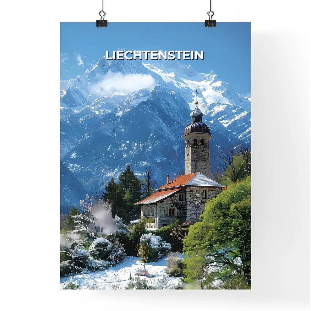 Vibrant Art Painting of a Towered Building amidst Snowy Mountains in Liechtenstein, Europe Poster
