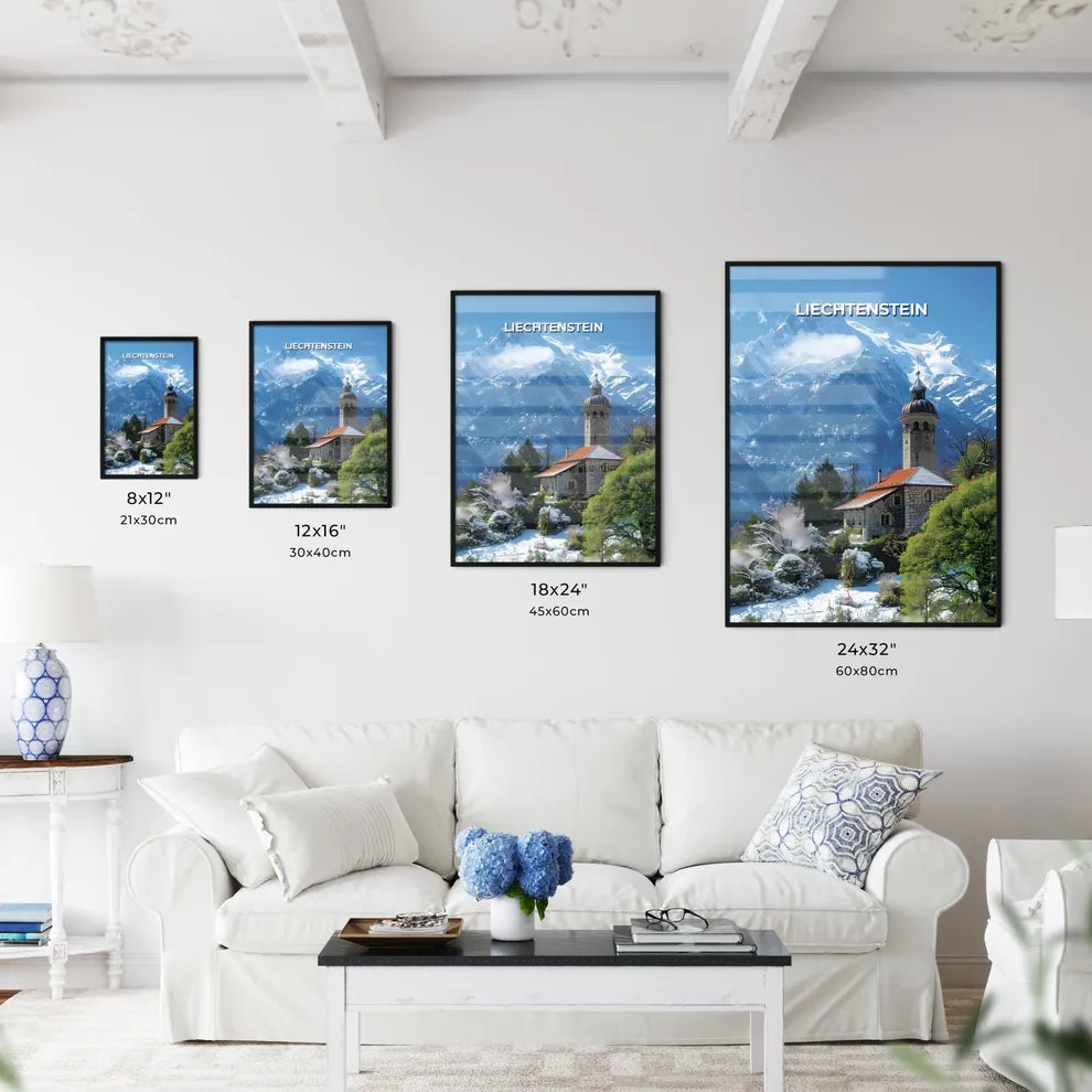 Vibrant Art Painting of a Towered Building amidst Snowy Mountains in Liechtenstein, Europe Size Chart