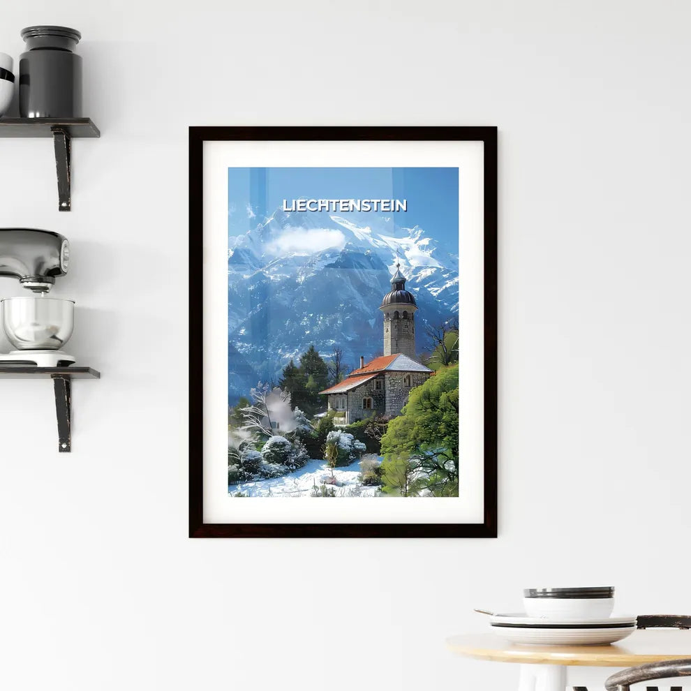 Vibrant Art Painting of a Towered Building amidst Snowy Mountains in Liechtenstein, Europe Custom Print