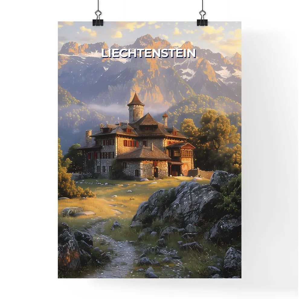 Abstract Artwork: House in the Liechtenstein Mountains, Vibrant Painting, Modern Art Poster