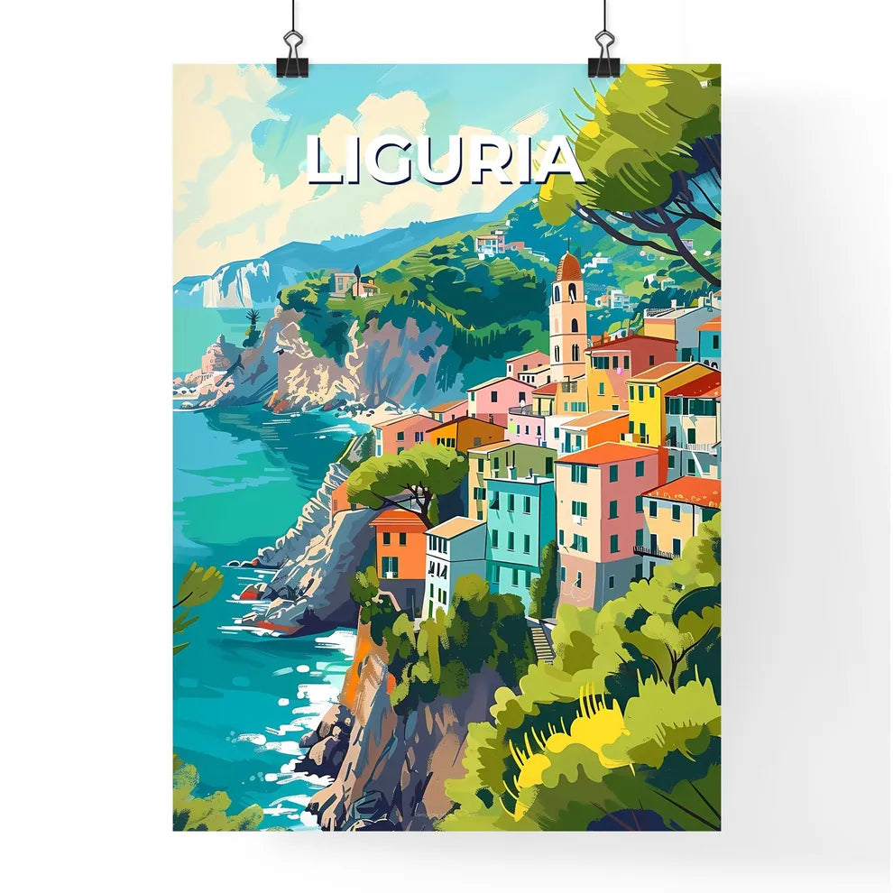 Colorful Liguria Italy Travel Art Print: Painting of Vibrant Buildings on Cliff by Ocean Poster