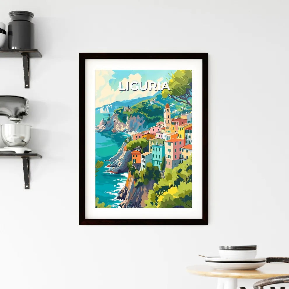 Colorful Liguria Italy Travel Art Print: Painting of Vibrant Buildings on Cliff by Ocean Custom Print