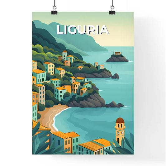 Liguria, Italy Town Art Print - Cartoon Hill Town by the Sea Painting Poster