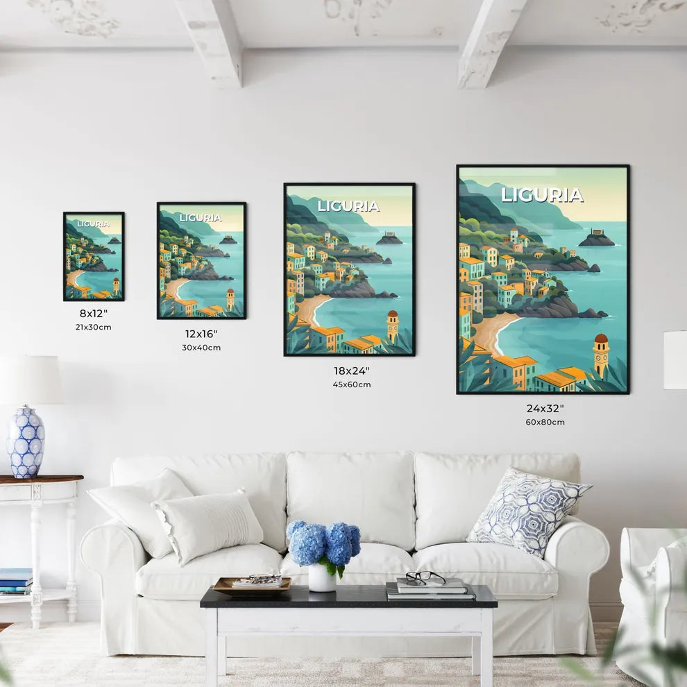 Liguria, Italy Town Art Print - Cartoon Hill Town by the Sea Painting Size Chart