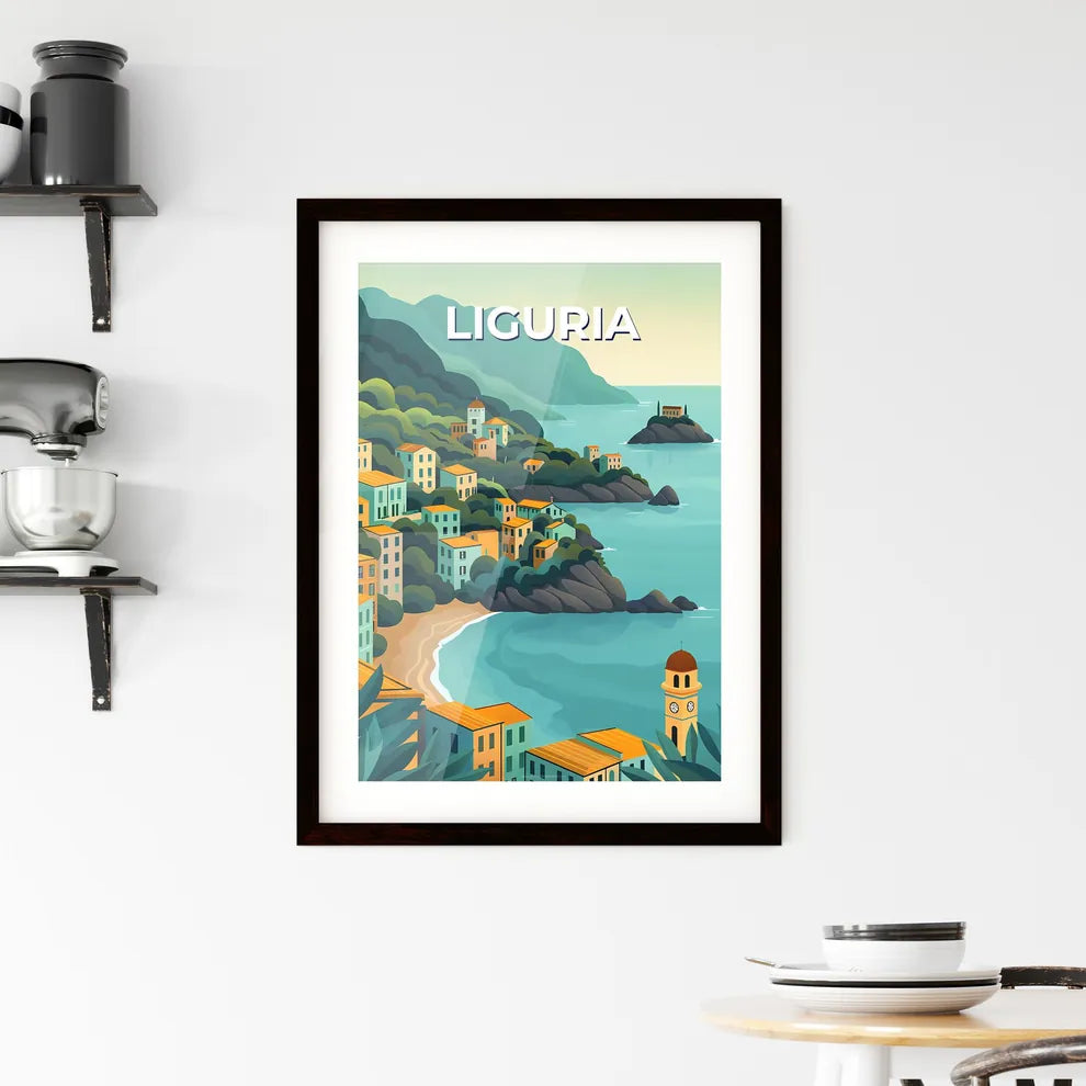 Liguria, Italy Town Art Print - Cartoon Hill Town by the Sea Painting Custom Print
