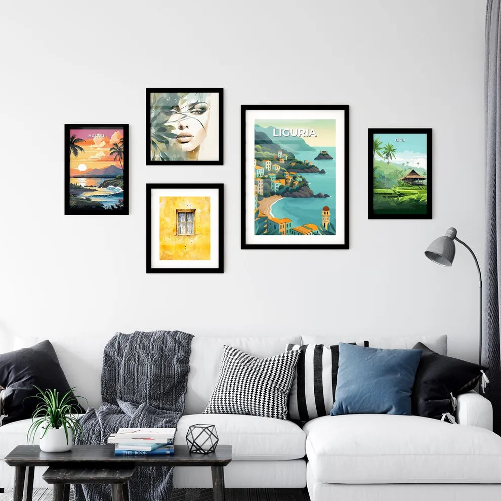 Liguria, Italy Town Art Print - Cartoon Hill Town by the Sea Painting Interior Design