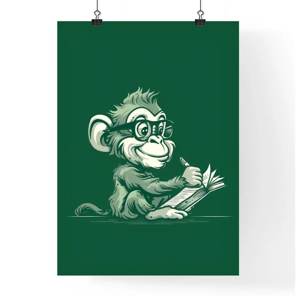 Little Ape T-Shirt Logo: Cartoon Monkey in Glasses Writing on Book Poster