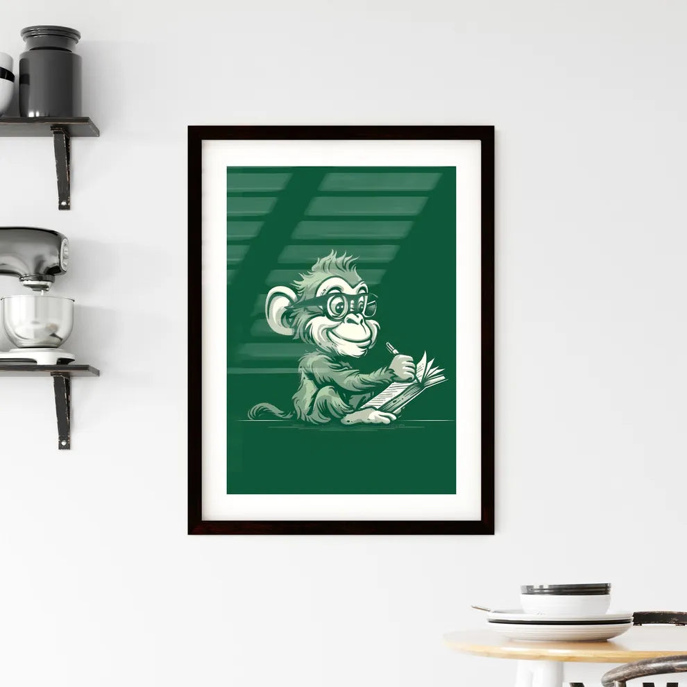 Little Ape T-Shirt Logo: Cartoon Monkey in Glasses Writing on Book Framed Print