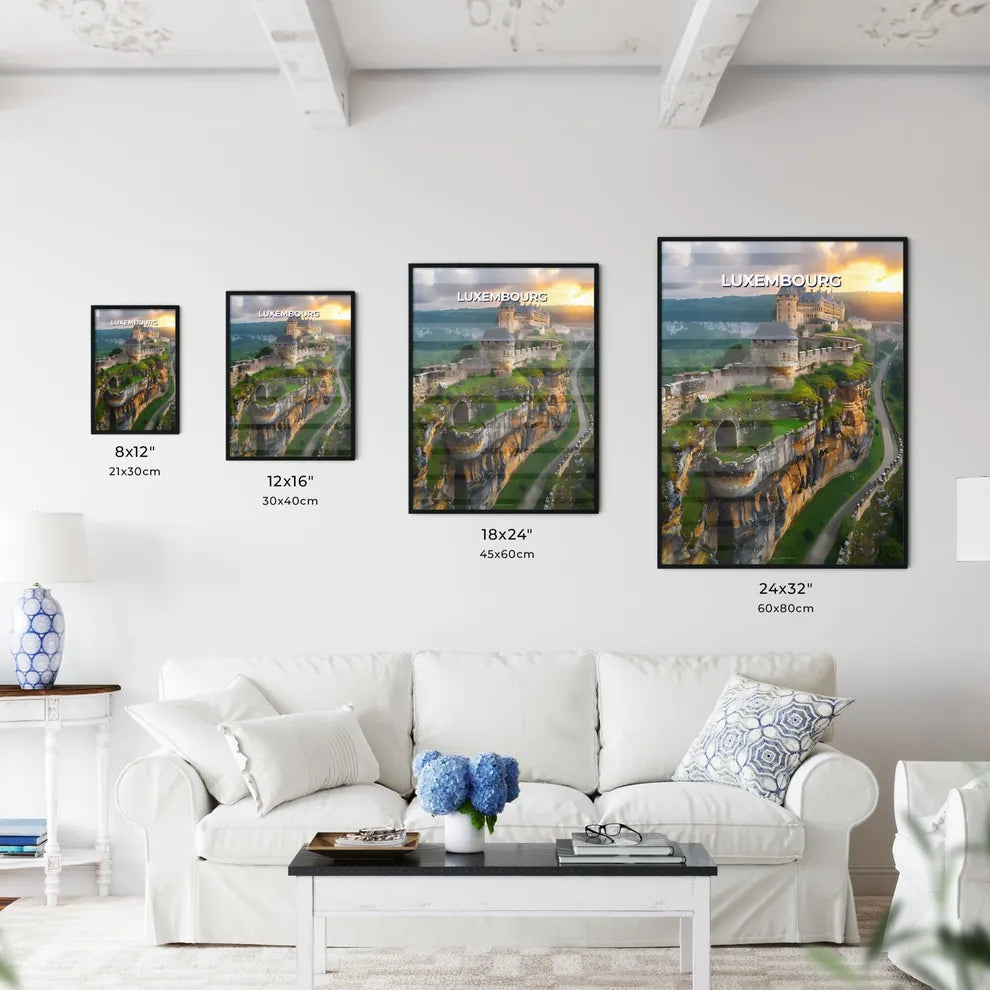 Vibrant Painting Depicting a Scenic Castle on a Cliff in Luxembourg, Europe Size Chart