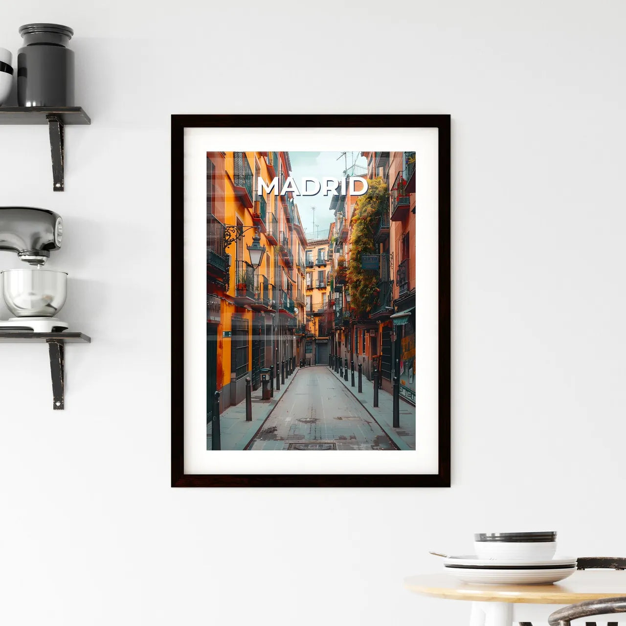 Madrid Street Art: Vibrant Painting on Narrow Street with Buildings and Greenery Custom Print