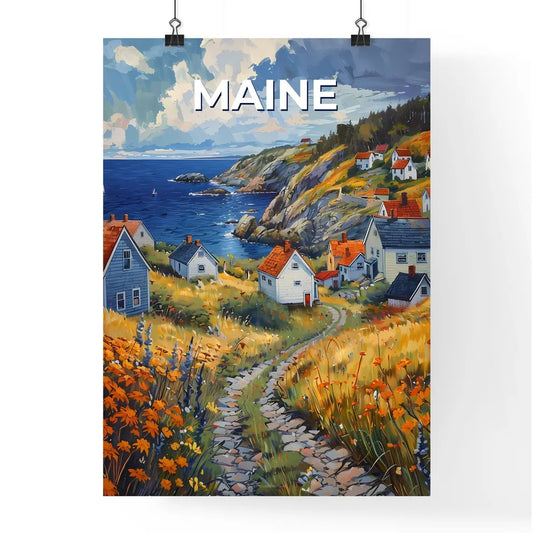 Vibrant Painting of a Hilltop Village in Maine with Orange Flowers, Artwork, Landscape, Impressionism Poster
