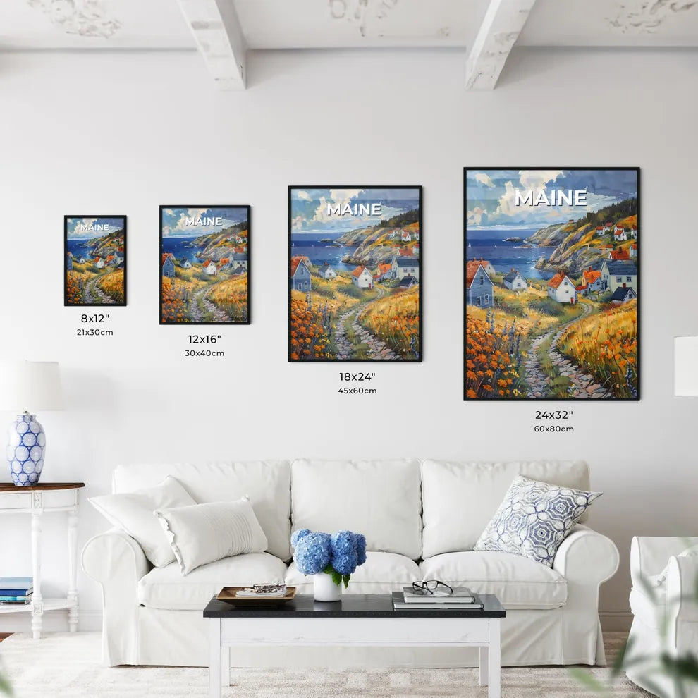 Vibrant Painting of a Hilltop Village in Maine with Orange Flowers, Artwork, Landscape, Impressionism Size Chart