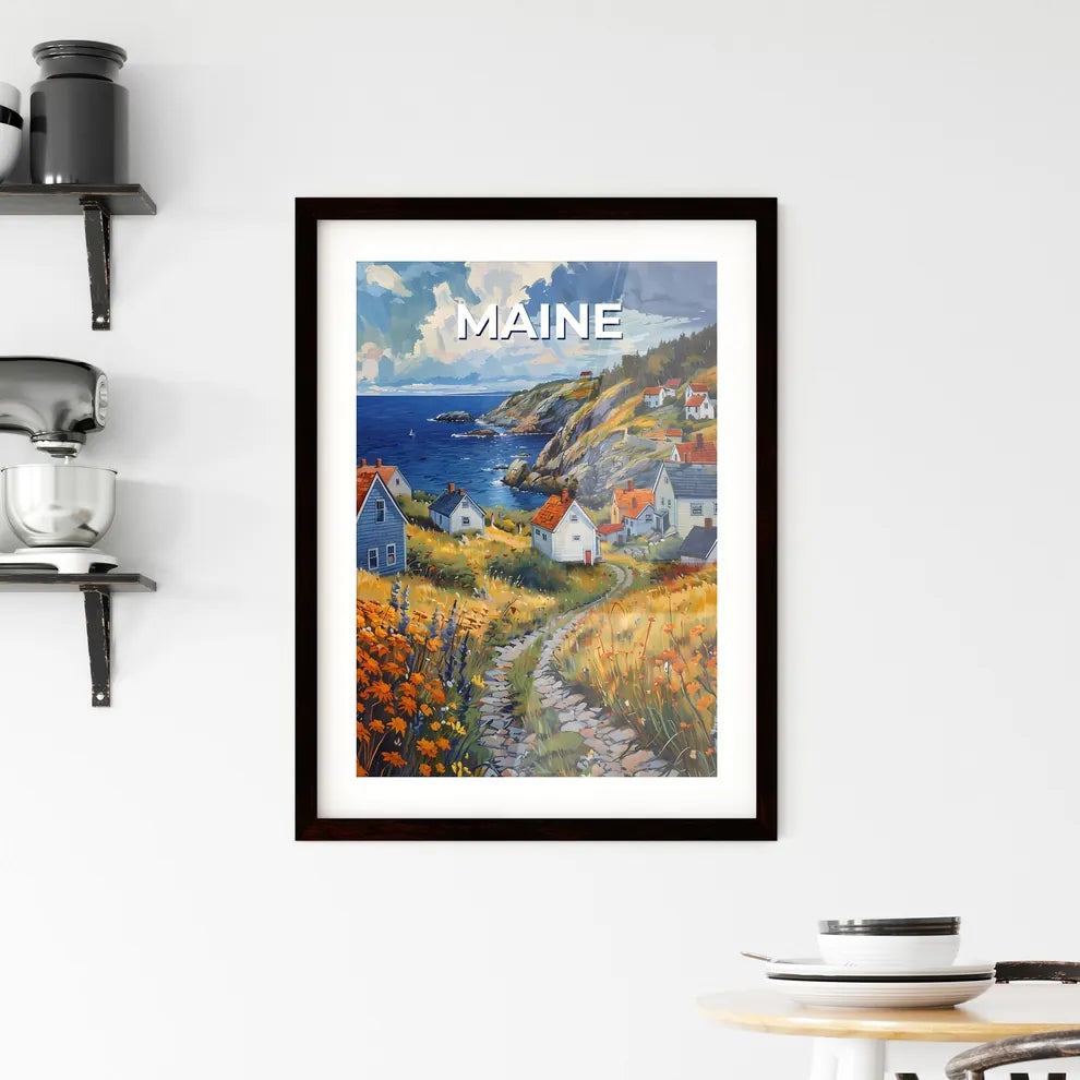 Vibrant Painting of a Hilltop Village in Maine with Orange Flowers, Artwork, Landscape, Impressionism Custom Print