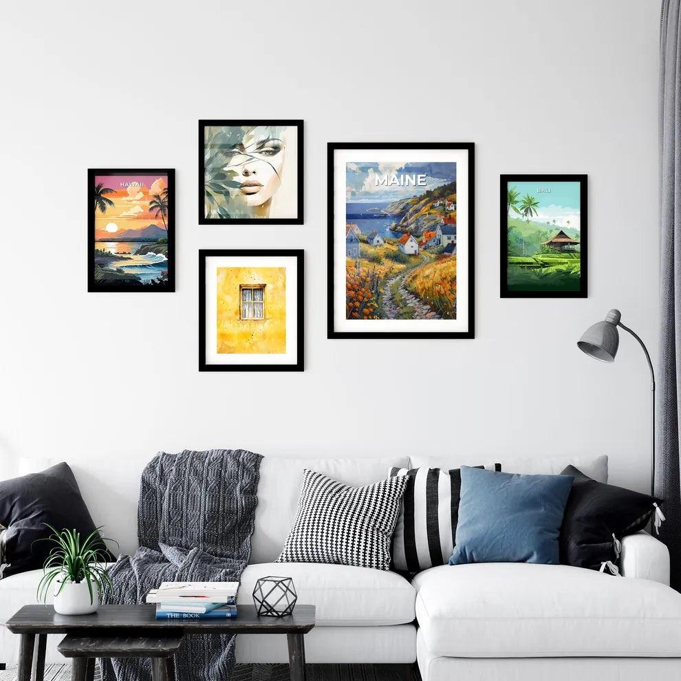 Vibrant Painting of a Hilltop Village in Maine with Orange Flowers, Artwork, Landscape, Impressionism Interior Design
