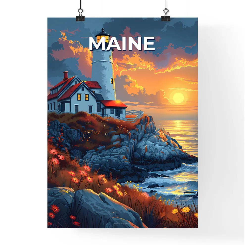 Lighthouse Painting on Rocky Cliff, Vibrant Artwork, Maine, USA Poster