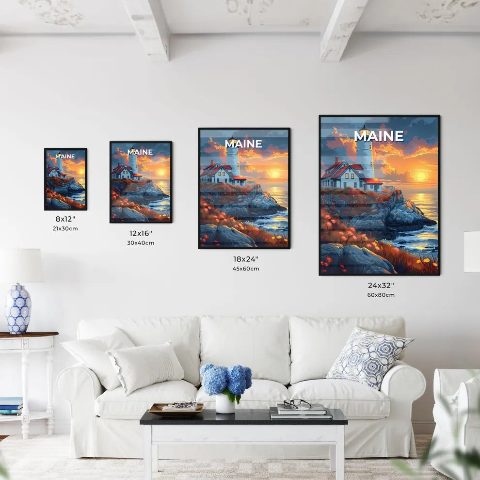 Lighthouse Painting on Rocky Cliff, Vibrant Artwork, Maine, USA Size Chart