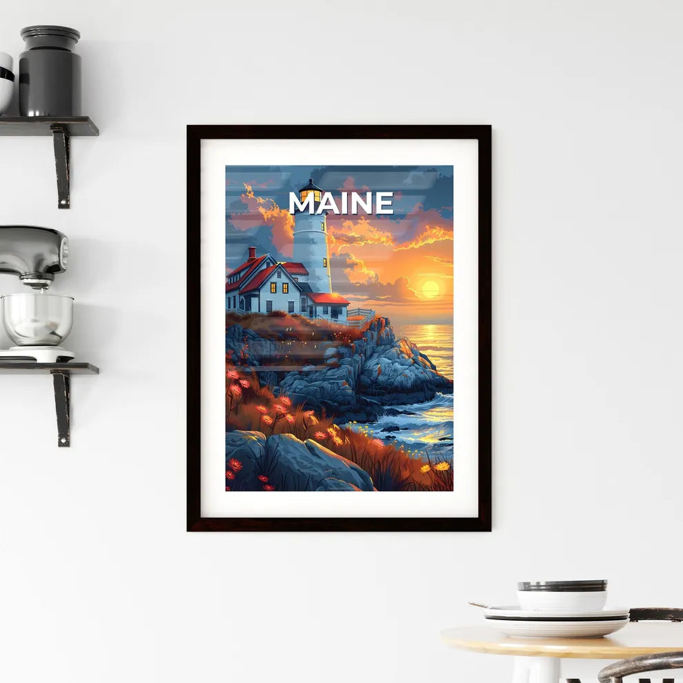 Lighthouse Painting on Rocky Cliff, Vibrant Artwork, Maine, USA Custom Print