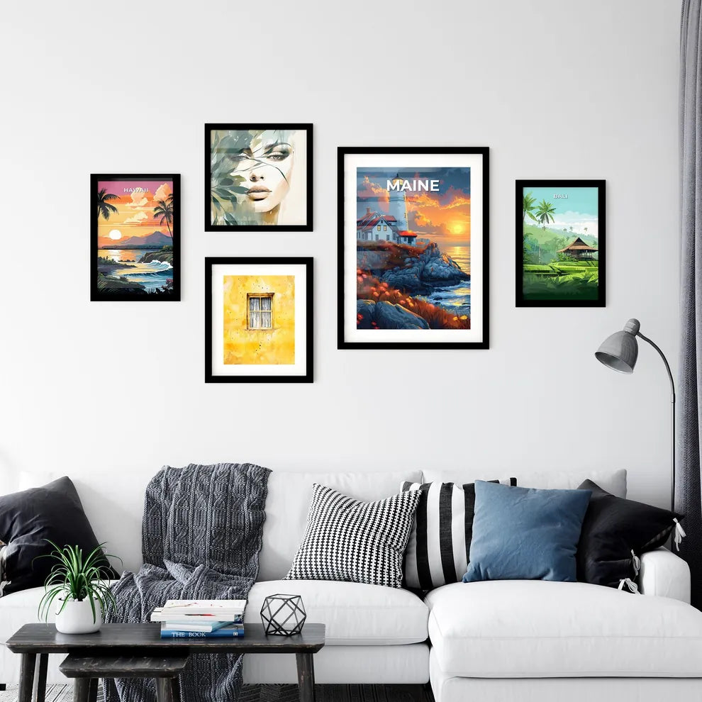 Lighthouse Painting on Rocky Cliff, Vibrant Artwork, Maine, USA Interior Design
