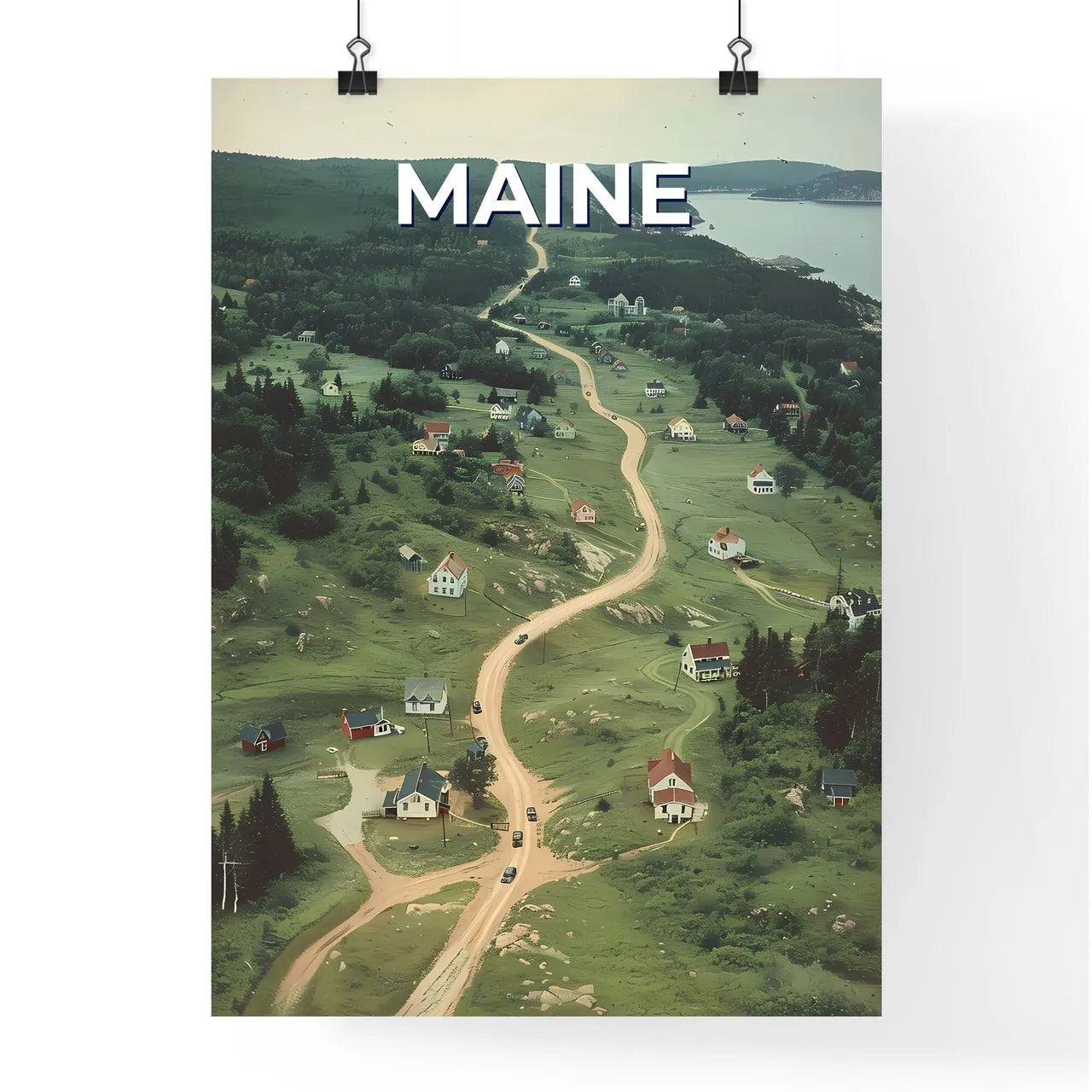 Road Trip USA, Maine Village, Vivid Painting, Artistic Landscape, Vibrant Colors Poster